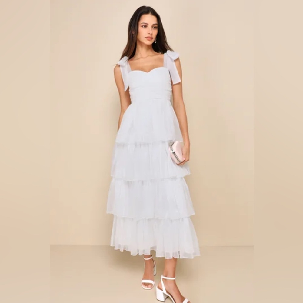 Lulu's White Tiered Sweetheart Midi Dress